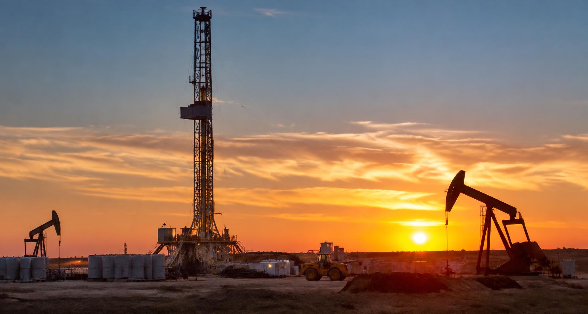 Natural gas drilling rig and energy infrastructure construction in the Barnett Shale region near Fort Worth, Texas